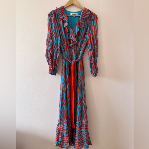 🌟SUPER SALE🌟 Diane Von Furstenberg JAXSON RUFFLED PRINTED CREPE DE CHINE DRESS - Picture 4 of 10